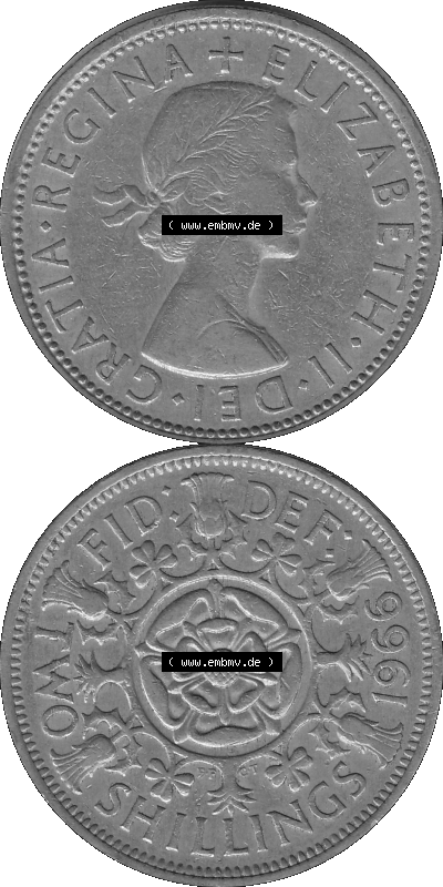 Alte Münze Großbritannien, Bild in s/w bzw. Graustufen PNG-Grafik, Umlaufmünze aus dem Zeitraum 1954-1970, 2 Schilling-Florin,... Sammlung