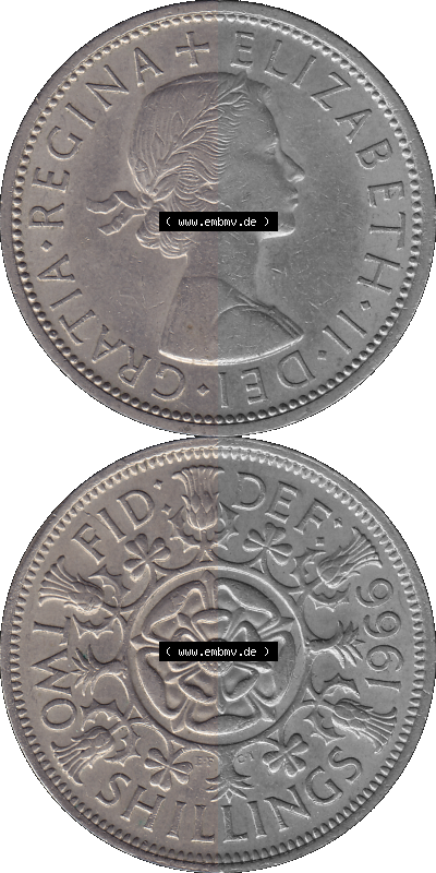 Alte Münze Großbritannien, Bild in Farbe bzw. Color PNG-Grafik, Umlaufmünze aus dem Zeitraum 1954-1970, 2 Schilling-Florin,... Sammlung