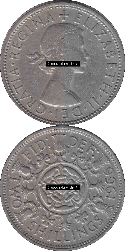 Alte Münze Großbritannien, Bild in Farbe bzw. Color PNG-Grafik, Umlaufmünze aus dem Zeitraum 1954-1970, 2 Schilling-Florin,... Sammlung