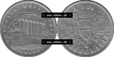 Österreich Ein - 1 Schilling 1925-1932, 1 Schilling 1925 (Stück 1) Silbermünze Parlamentsgebäude in Wien, Bindenschild 6 Gramm... Sammlung