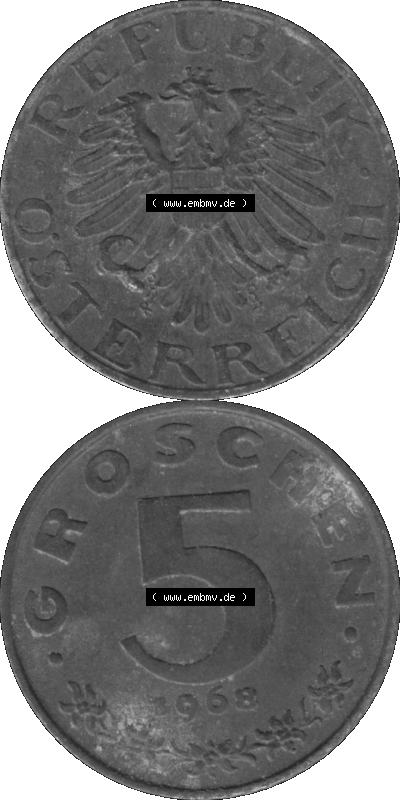 Österreich 5 / Fünf Groschen in s/w / grau / Graustufen 1948-1994, 5 Groschen 1968 (Stück 2) Graustufen Sammlung