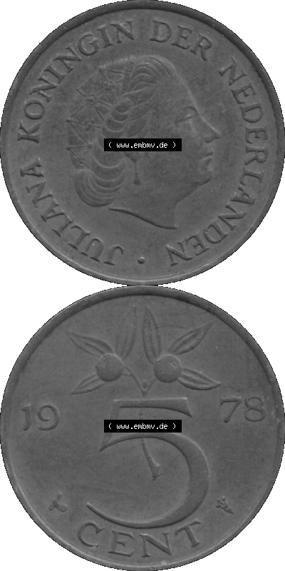 Alte Münze Niederlande in Grau 1950-1980, 5 Cent Königin Juliana 1978 (Stück 1) Graustufen, Nederland Sammlung