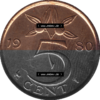 Alte Münze Niederlande in Farbe 1950-1980, 5 Cent Königin Juliana 1980 Sammlung