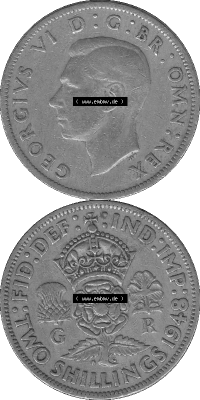 Alte Münze Großbritannien, Bild in s/w bzw. Graustufen PNG-Grafik, Umlaufmünze aus dem Zeitraum 1947-1948, 2 Schilling-Florin,... Sammlung