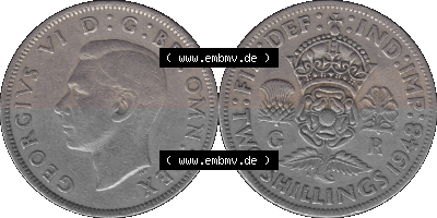 Alte Münze Großbritannien, Bild in Farbe bzw. Color PNG-Grafik, Umlaufmünze aus dem Zeitraum 1947-1948, 2 Schilling-Florin,... Sammlung
