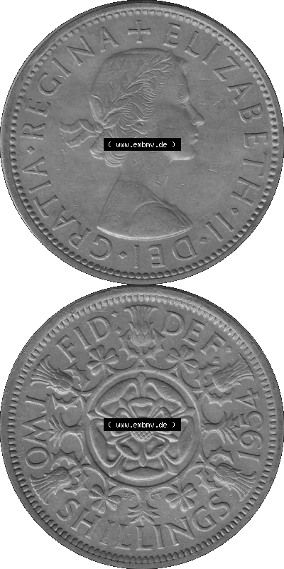 Alte Münze Großbritannien, Bild in s/w bzw. Graustufen PNG-Grafik, Umlaufmünze aus dem Zeitraum 1954-1970, 2 Schilling-Florin,... Sammlung