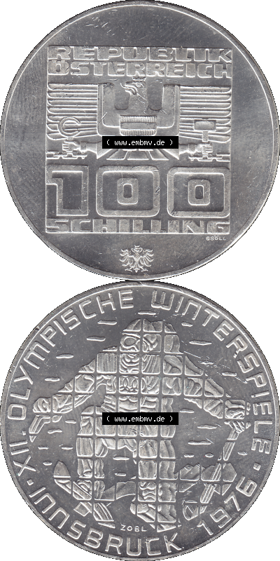 100 / Einhundert Schilling Österreich auf original farbigen transparenten PNG-Bild 1976-1976, 100 Hundert Schilling, Abfahrtsläufer... Sammlung