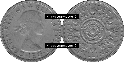 Alte Münze Großbritannien, Bild in s/w bzw. Graustufen PNG-Grafik, Umlaufmünze aus dem Zeitraum 1954-1970, 2 Schilling-Florin,... Sammlung