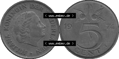 Alte Münze Niederlande in Grau 1950-1980, 5 Cent Königin Juliana 1974 (Stück 1) Graustufen, Nederland Sammlung