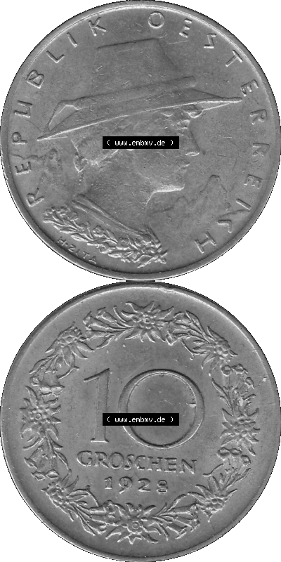 10 / Zehn Groschen Österreich in s/w Schwarzweiß bzw. Graustufen Farbgebung von Scanner transparenten PNG 1925-1929, 10 Groschen... Sammlung