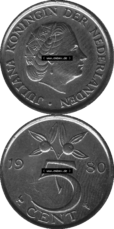 Alte Münze Niederlande in Grau 1950-1980, 5 Cent Königin Juliana 1980 (Stück 1) Graustufen, Nederland Sammlung