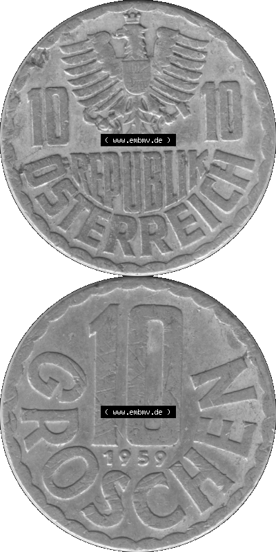 10 / Zehn Groschen Österreich in s/w Schwarzweiß bzw. Graustufen Farbgebung von Scanner transparenten PNG 1951-2001, 10 Groschen... Sammlung