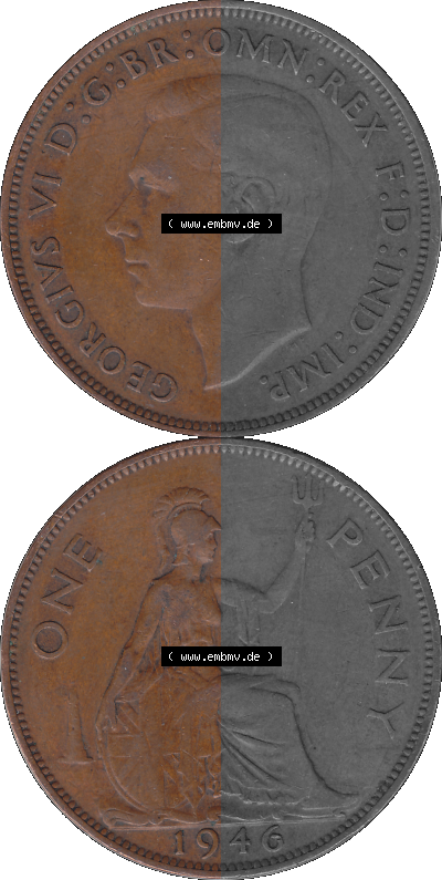 Großbritannien Umlaufmünze 1937-1948, 1 One Penny 1946 (Stück 1), George VI, GEORGIVS VI DGBROMNREX FDINDIMP. HP Sammlung