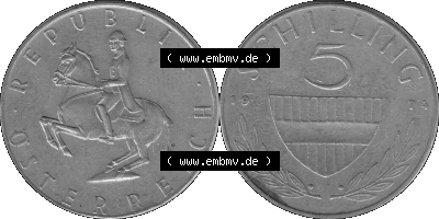 5 / Fünf Schilling Österreich in s/w Schwarzweiß bzw. Graustufen Farbgebung von Scanner transparenten PNG 1968-2001, 5 Schilling... Sammlung