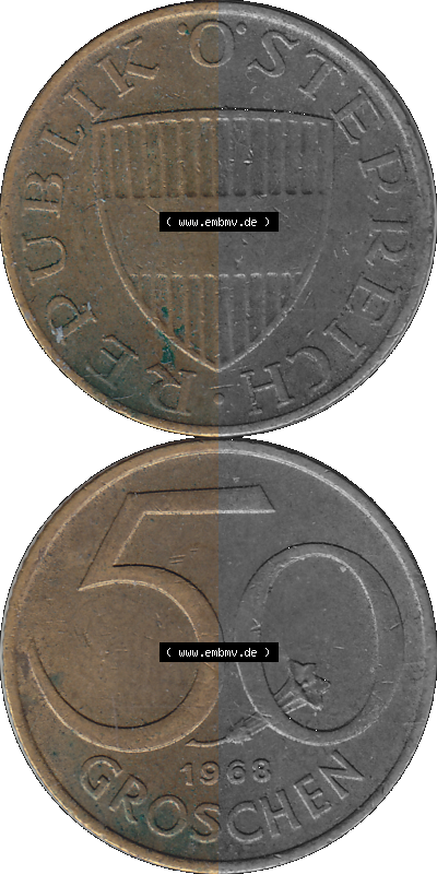 50 / Fünfzig Groschen Österreich in original Farbgebung von Scanner transparenten PNG 1959-2001, 50 Groschen 1968 (Stück 1),... Sammlung