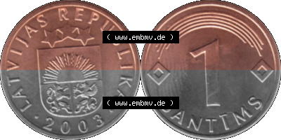 Lettland Umlaufmünze 1992-2008, 1 Santims 2003 (Stück 1), VS.: Staatswappen von Latvijas Republika, RS.: Wert-Zahl Sammlung