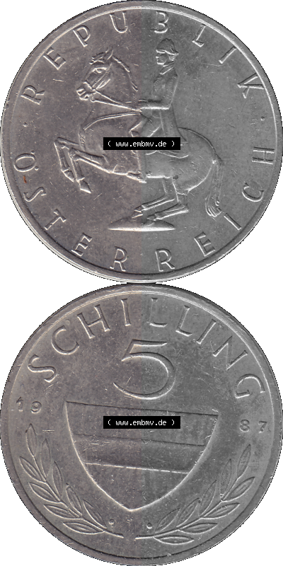 5 / Fünf Schilling Österreich in original Farbgebung von Scanner transparenten PNG 1968-2001, 5 Schilling 1987 (Stück 1), Reiter... Sammlung