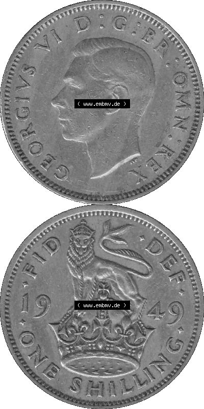 Alte Münze Großbritannien, Bild in s/w bzw. Graustufen PNG-Grafik 1949-1951, 1 One Schilling - One Shilling, 1949 (Stück 1)... Sammlung