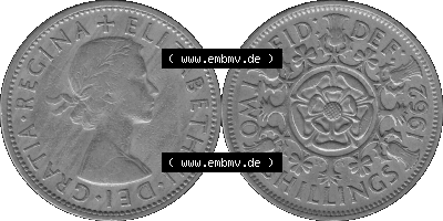 Alte Münze Großbritannien, Bild in s/w bzw. Graustufen PNG-Grafik, Umlaufmünze aus dem Zeitraum 1954-1970, 2 Schilling-Florin,... Sammlung