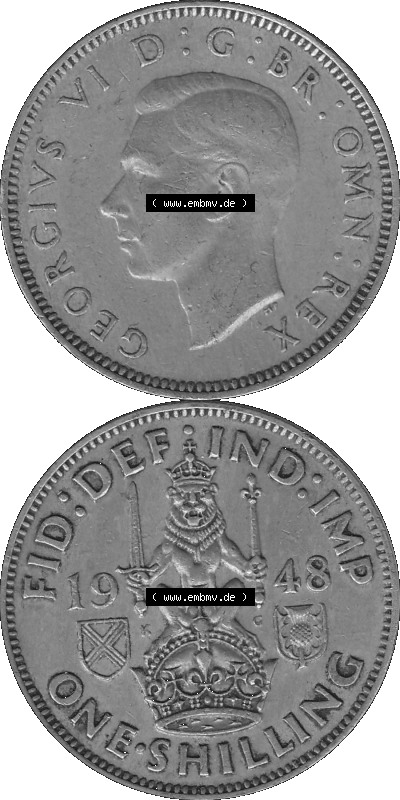 Alte Münze Großbritannien, Bild in s/w bzw. Graustufen PNG-Grafik 1947-1948, 1 One Schilling - One Shilling, 1948 (Stück 3)... Sammlung