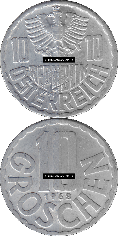 10 / Zehn Groschen Österreich in original Farbgebung von Scanner transparenten PNG 1951-2001, 10 Groschen 1968 (Stück 1) Sammlung