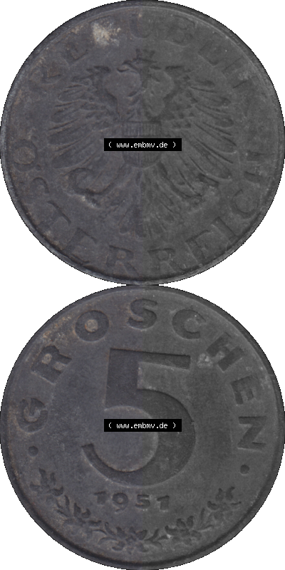 Österreich 5 / Fünf Groschen in Farbe/Color 1948-1994, 5 Groschen 1951 (Stück 1) Sammlung