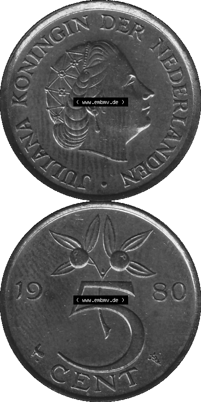 Alte Münze Niederlande in Grau 1950-1980, 5 Cent Königin Juliana 1980 (Stück 2) Graustufen, Nederland Sammlung