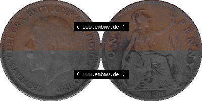 Großbritannien Umlaufmünze One Penny, 1 Pence 1928-1936, 1 One Penny, 1936 (Stück 2) , George V. BM GEORGIVS V DEI GRABRITTOMNREX... Sammlung