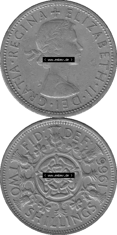 Alte Münze Großbritannien, Bild in s/w bzw. Graustufen PNG-Grafik, Umlaufmünze aus dem Zeitraum 1954-1970, 2 Schilling-Florin,... Sammlung