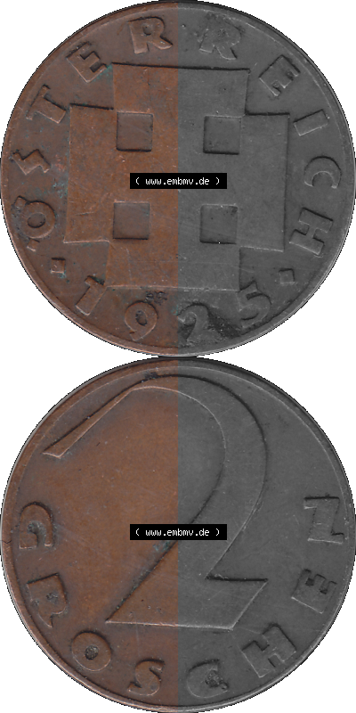 2 / Zwei Groschen Österreich in original Farbgebung von Scanner transparenten PNG 1925-1938, 2 Zwei Groschen, Krückenkreuz 1925... Sammlung