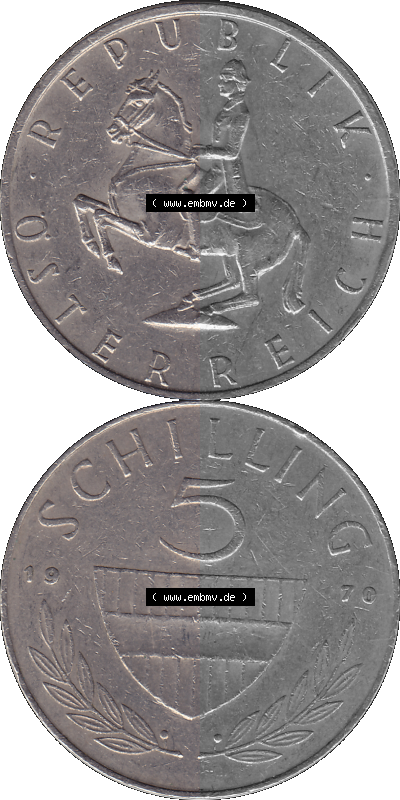 5 / Fünf Schilling Österreich in original Farbgebung von Scanner transparenten PNG 1968-2001, 5 Schilling 1970 (Stück 1), Reiter... Sammlung