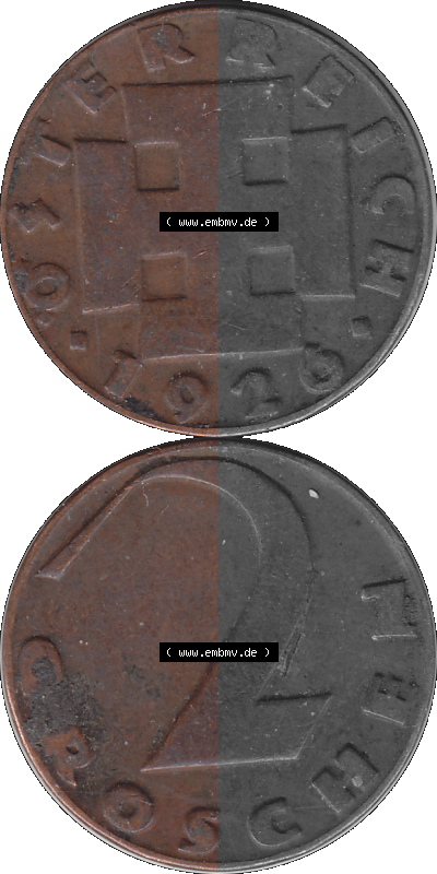 2 / Zwei Groschen Österreich in original Farbgebung von Scanner transparenten PNG 1925-1938, 2 Zwei Groschen, Krückenkreuz 1926... Sammlung