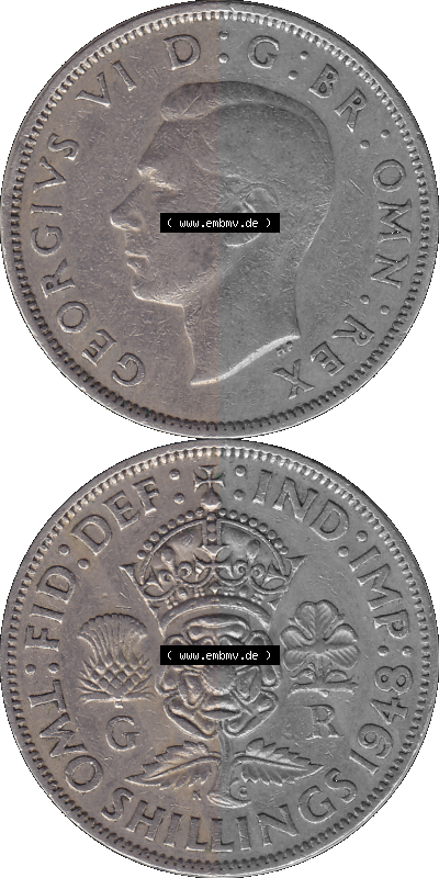 Alte Münze Großbritannien, Bild in Farbe bzw. Color PNG-Grafik, Umlaufmünze aus dem Zeitraum 1947-1948, 2 Schilling-Florin,... Sammlung