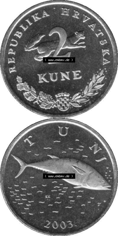 Kroatien Umlaufmünze 1993-2021, 2 Kune 2003 (Stück 1) Graustufen Graustufen Sammlung