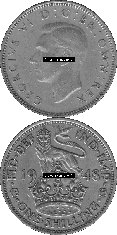 Alte Münze Großbritannien, Bild in Farbe bzw. Color PNG-Grafik 1947-1948, 1 One Schilling - One Shilling, 1948 (Stück 7) Stehender... Sammlung