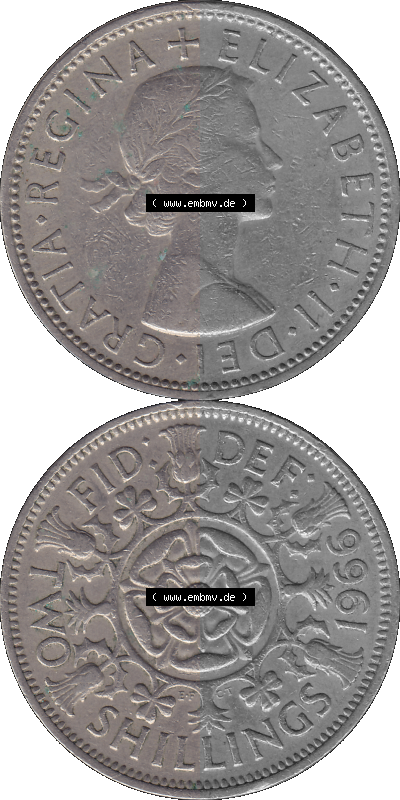 Alte Münze Großbritannien, Bild in Farbe bzw. Color PNG-Grafik, Umlaufmünze aus dem Zeitraum 1954-1970, 2 Schilling-Florin,... Sammlung