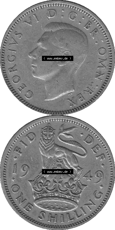 Alte Münze Großbritannien, Bild in s/w bzw. Graustufen PNG-Grafik 1949-1951, 1 One Schilling - One Shilling, 1949 (Stück 2)... Sammlung