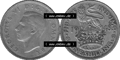 Alte Münze Großbritannien, Bild in s/w bzw. Graustufen PNG-Grafik 1947-1948, 1 One Schilling - One Shilling, 1948 (Stück 4)... Sammlung