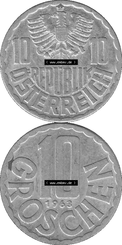 10 / Zehn Groschen Österreich in s/w Schwarzweiß bzw. Graustufen Farbgebung von Scanner transparenten PNG 1951-2001, 10 Groschen... Sammlung