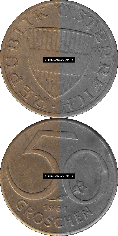 50 / Fünfzig Groschen Österreich in original Farbgebung von Scanner transparenten PNG 1959-2001, 50 Groschen 1961 (Stück 1),... Sammlung
