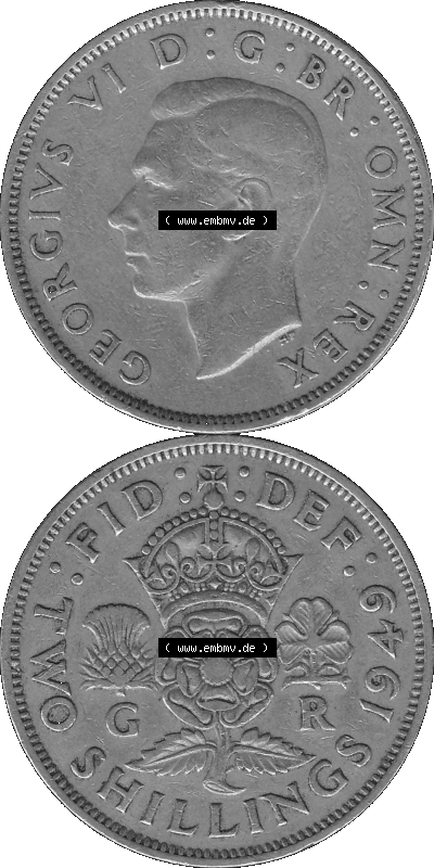 Alte Münze Großbritannien, Bild in s/w bzw. Graustufen PNG-Grafik, Umlaufmünze aus dem Zeitraum 1949-1951, 2 Schilling-Florin,... Sammlung
