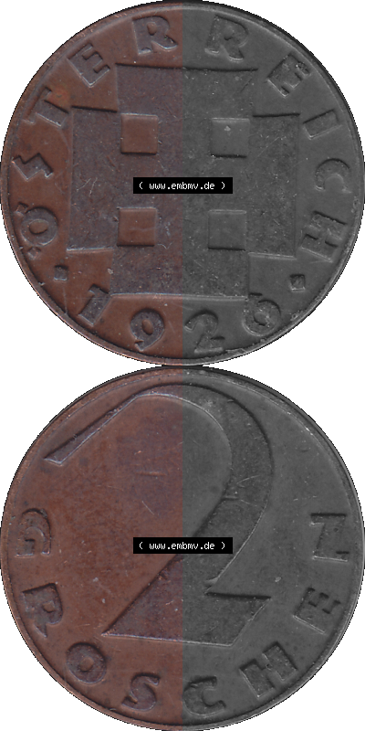 2 / Zwei Groschen Österreich in original Farbgebung von Scanner transparenten PNG 1925-1938, 2 Zwei Groschen, Krückenkreuz 1926... Sammlung