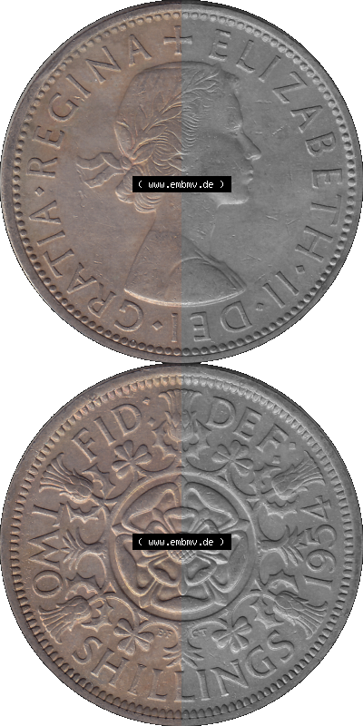 Alte Münze Großbritannien, Bild in Farbe bzw. Color PNG-Grafik, Umlaufmünze aus dem Zeitraum 1954-1970, 2 Schilling-Florin,... Sammlung