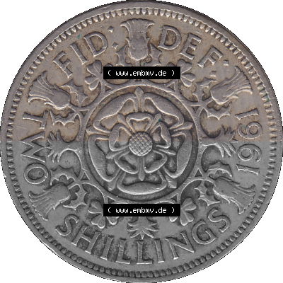 Alte Münze Großbritannien, Bild in Farbe bzw. Color PNG-Grafik, Umlaufmünze aus dem Zeitraum 1954-1970, 2 Schilling-Florin,... Sammlung