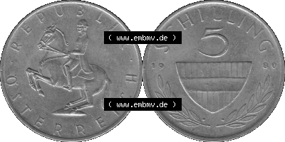 5 / Fünf Schilling Österreich in s/w Schwarzweiß bzw. Graustufen Farbgebung von Scanner transparenten PNG 1968-2001, 5 Schilling... Sammlung