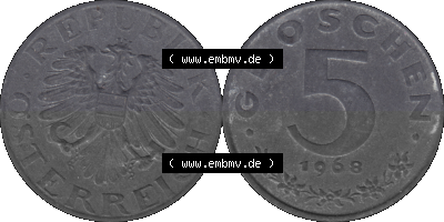 Österreich 5 / Fünf Groschen in Farbe/Color 1948-1994, 5 Groschen 1968 (Stück 1) Sammlung