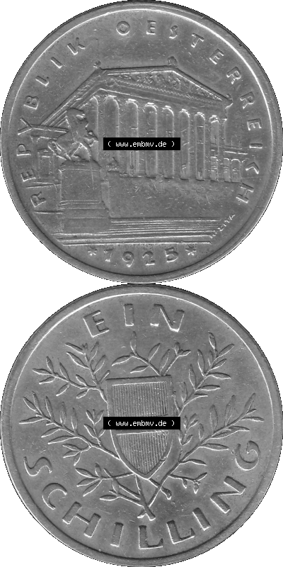 Österreich Ein - 1 Schilling 1925-1932, 1 Schilling 1925 (Stück 1) Silbermünze Parlamentsgebäude in Wien, Bindenschild 6 Gramm... Sammlung