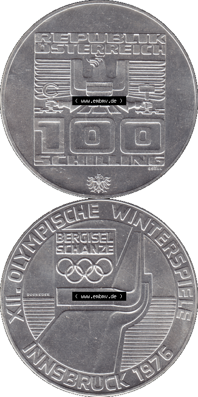 100 / Einhundert Schilling Österreich auf original farbigen transparenten PNG-Bild 1976-1976, 100 Hundert Schilling, Skisprungschanze... Sammlung