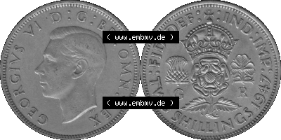 Alte Münze Großbritannien, Bild in s/w bzw. Graustufen PNG-Grafik, Umlaufmünze aus dem Zeitraum 1947-1948, 2 Schilling-Florin,... Sammlung