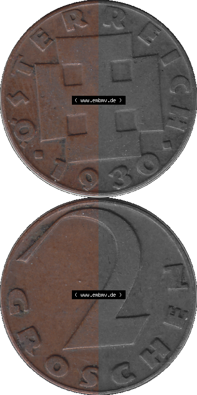 2 / Zwei Groschen Österreich in original Farbgebung von Scanner transparenten PNG 1925-1938, 2 Zwei Groschen, Krückenkreuz 1930... Sammlung